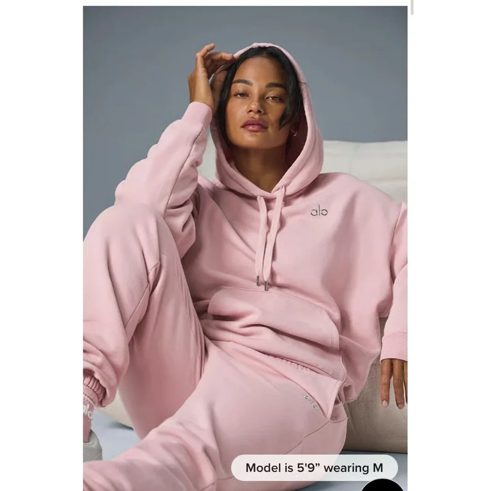 Alo Yoga Accolade Hoodie Pullover Drawstring Fleece Cotton Pink $148rt sz L